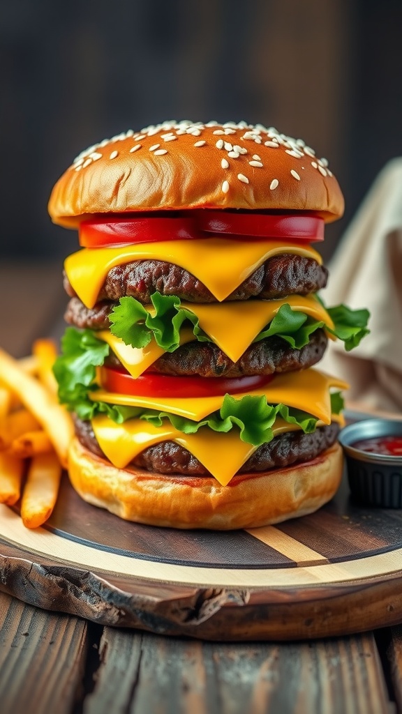 A classic cheeseburger with a juicy beef patty, melted cheese, lettuce, and tomato on a wooden board with fries.